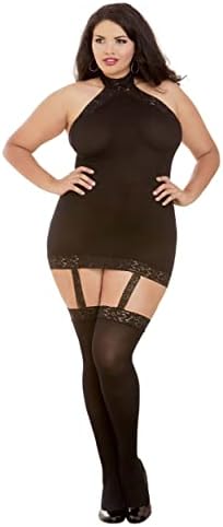 Dreamgirl Women's Plus Size Sexy Fashion Lingerie, Semi-Sheer Halter Garter Dress with Thigh High Stockings, Black, One Size