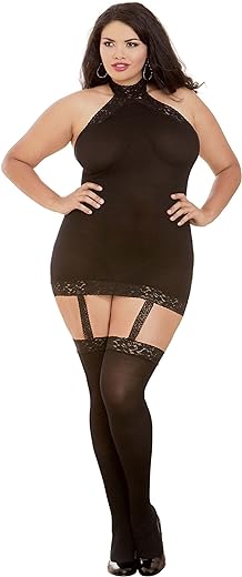Dreamgirl Women's Plus Size Sexy Fashion Lingerie, Semi-Sheer Halter Garter Dress with Thigh High Stockings, Black, One Size
