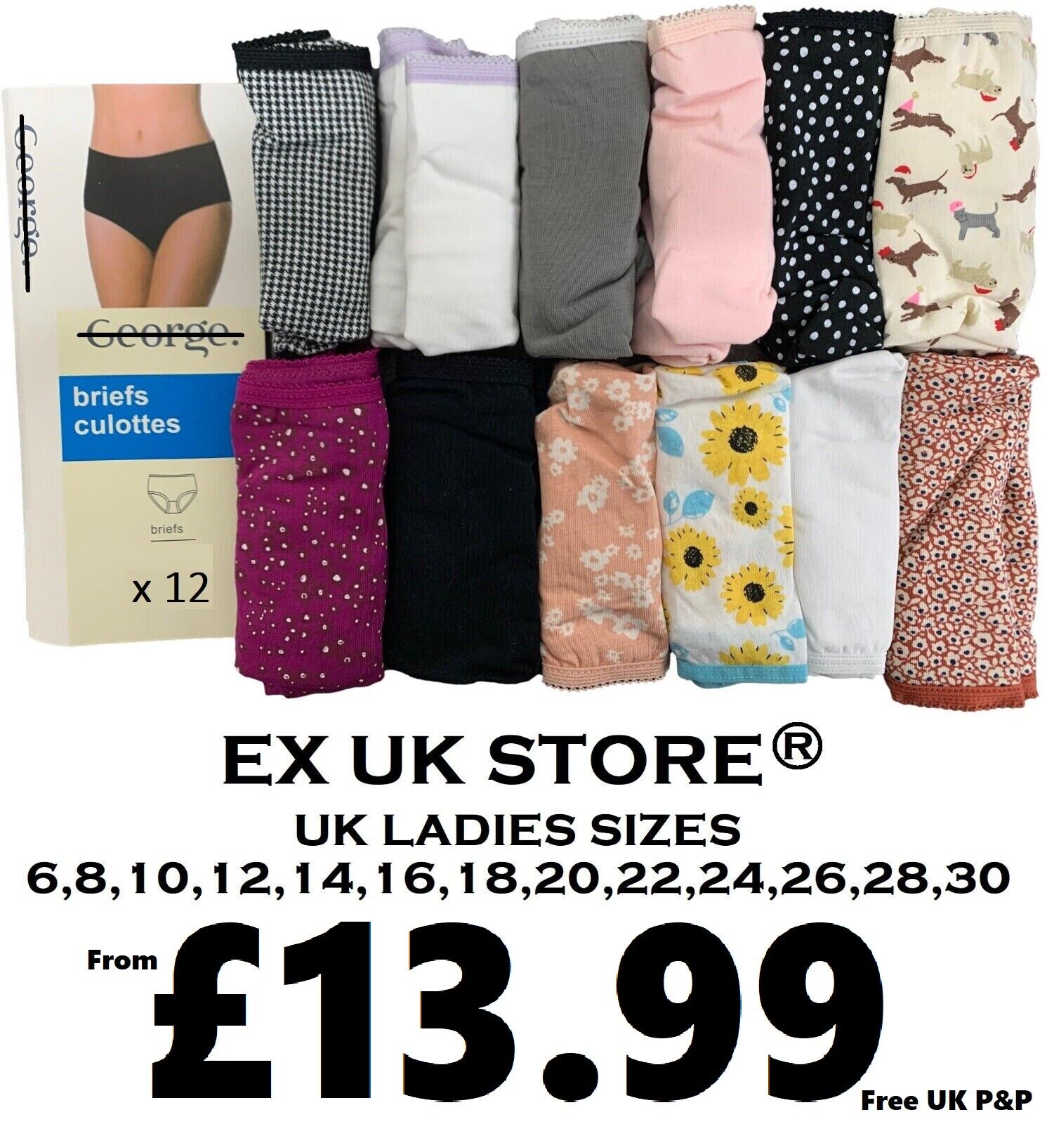 LADIES 12 PACK BRIEFS KNICKERS UNDERWEAR UK SIZES 6-30 COTTON WITH STRETCH NEW
