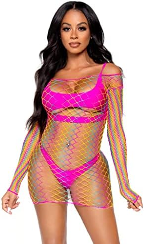 Leg Avenue Women's Ombre Rainbow Diamond Net Long Sleeve Mini Dress, O/S, Multicolor