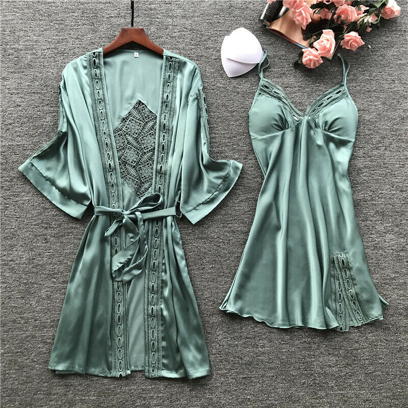 Sexy Women Silk Robe Slip Dress Sets Teddy Babydoll Lingerie Nightgown Sleepwear