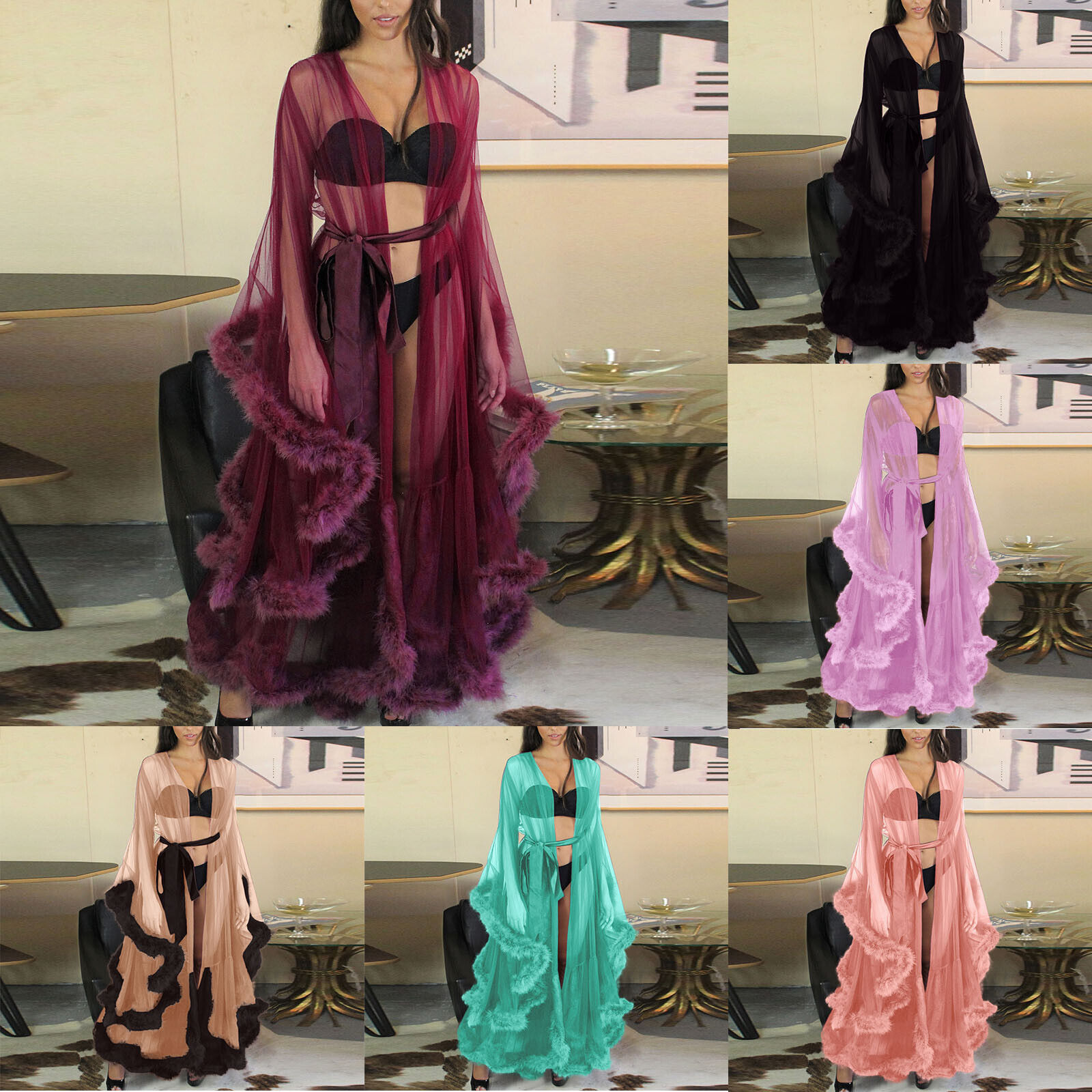 Sexy Women's Mesh Feather Sleepwear Night Gown Long Babydoll Dress Nightie Robe