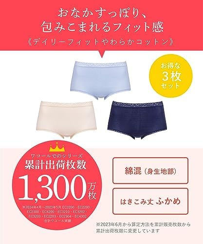 Wing/Wacoal EC3200 Panties, Cotton Blend Body Fabric, Comfortable Fit, Gentle on Skin (Daily Fit Soft Cotton) M–4L, High-Rise, Available in Plus Sizes