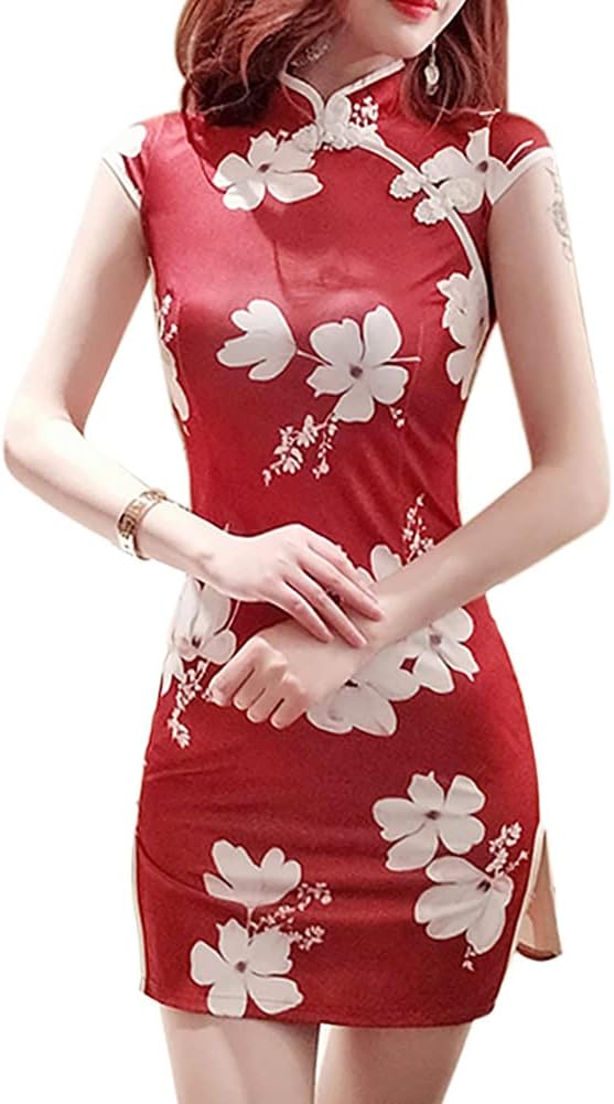 Women's Floral Print White Bodycon Qipao Dress Lace Trim Sleeveless Keyhole High Slit Mini Cheongsam Party Cocktail Dress