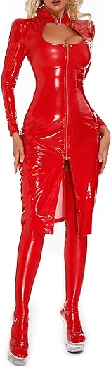 Womens PVC Leather Wet Look Bodycon Dress Zipper Front Cutout Lingerie Dress Clubwear